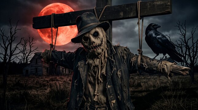 Scary scarecrow character tied to a wooden cross in a spooky field under a large red blood moon at night for Halloween background.