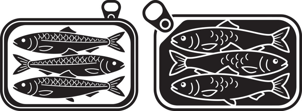 Sardines in metal can silhouette vector illustration with preserves nutrition container culinary silhouette background packaging