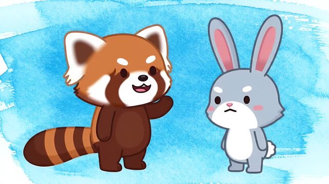 A cute red panda and a rabbit stand side-by-side against a blue watercolor background.