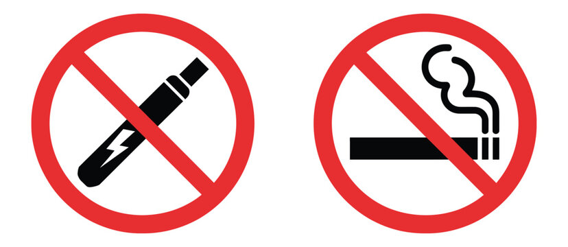 No Smoking and vaping prohibition icons, crossed cigarette and vape symbols, universal restriction signage elements for safety warning areas and regulated zone communication design.