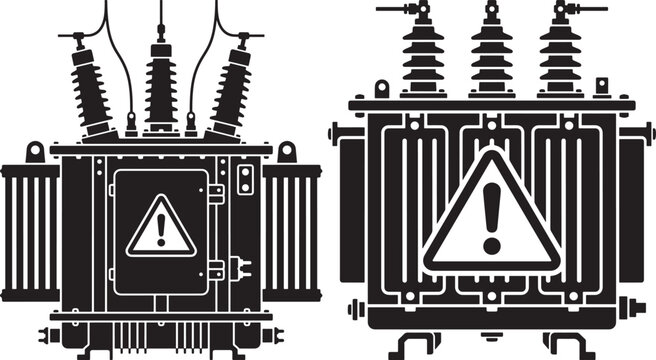 Electric transformer industrial equipment with hazard signs silhouette icons on white background transformer electric industry