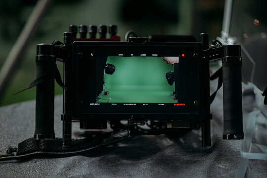 Film set, monitors and modern shooting equipment. Film crew, lighting devices, monitors, playbacks - filming equipment and a team of specialists in filming movies, advertising and TV series