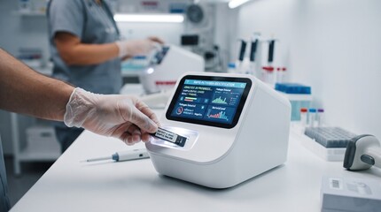Obraz premium Medical Technician Conducting Test with Advanced Diagnostic Equipment in Laboratory Setting