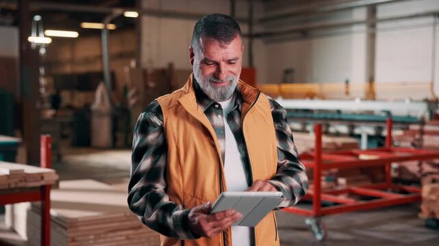 Tablet, man and woodworker in workshop for research on timber inventory for industrial project. Digital technology, email and mature carpenter with feedback on furniture production at warehouse.