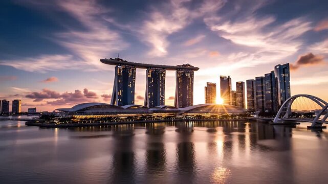 Iconic Singapore skyline at sunset with Marina Bay Sands and bridges reflected in the water.