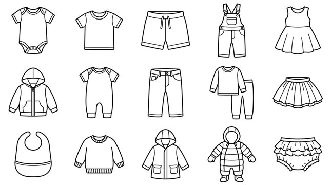 Baby and Toddler Clothing Line Icons on Transparent Background. Vector Illustration Included Icon as Onesie, Bib, Romper, Hoodie, Dress, and other Apparel Flat Pictogram. Editable Stroke