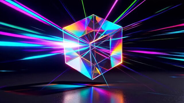 Colorful reflective cube in dark space