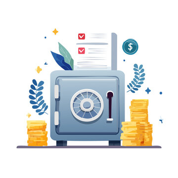 Flat illustration of a safe with money and documents