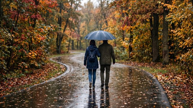Back view of a loving couple walking under an umbrella on a rainy autumn day. Romantic walk in the rain during beautiful autumn season. man and woman holding hands and walking under umbrella