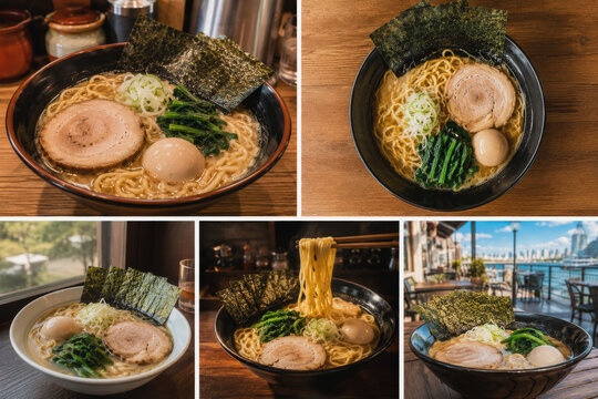  Collage con diferentes presentaciones de Tonkotsu Ramen con caldo de cerdo, chashu, huevo marinado y alga nori.