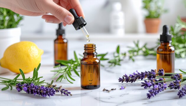 Aromatherapy essential oil bottles with herbs.