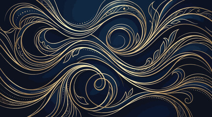 Elegant golden swirl pattern on dark blue background © Saharia