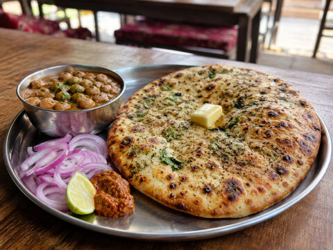  Amritsari Kulcha rellena con mantequilla, acompa&ntilde;ada de chole, cebolla morada, lim&oacute;n y chutney.