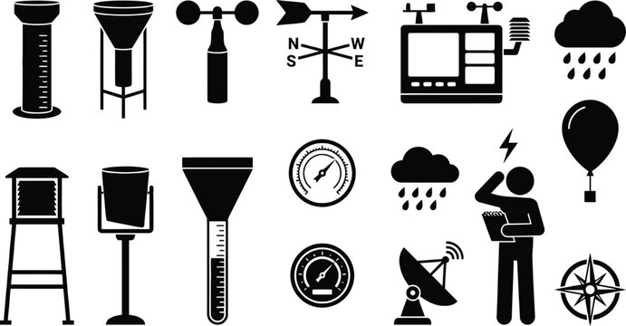 Meteorology instruments and weather observation icons set