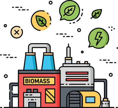 Sustainable Biomass Power Station Factory Flat Line Art Illustration