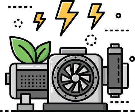 Industrial Electric Motor with Green Leaf and Lightning Bolts Icon