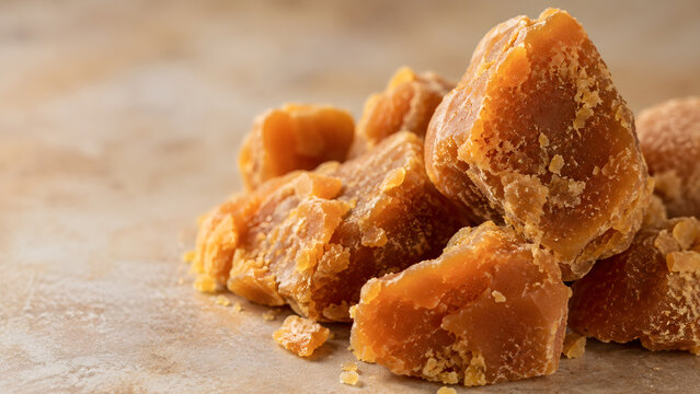 Close up of organic brown palm sugar jaggery blocks