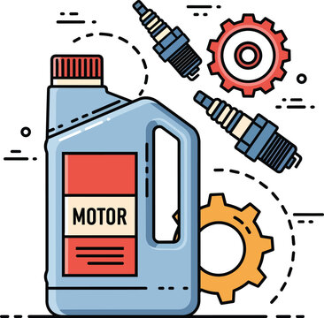 Car Motor Oil Canister with Spark Plugs and Mechanical Gears Vector
