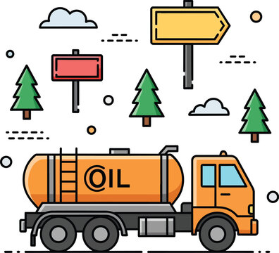 Oil Tanker Truck Vector Illustration with Nature and Road Signs