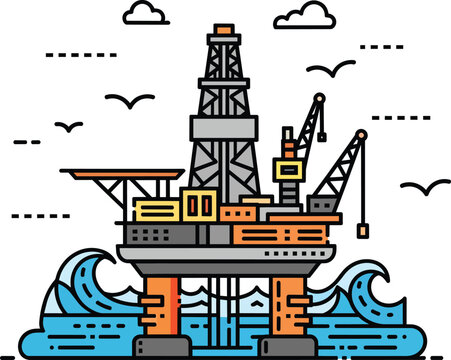Offshore Oil Drilling Rig Platform Illustration in Line Art Style