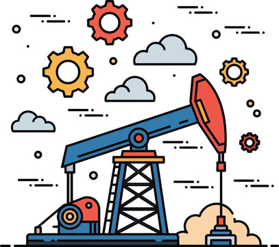 Industrial Oil Pump Jack Vector Illustration with Gears and Clouds