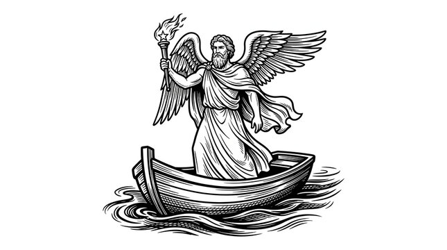 Winged Mythological Figure Sailing Boat with Flaming Torch