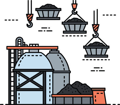 Industrial Coal Mining and Processing Plant Flat Vector Illustration
