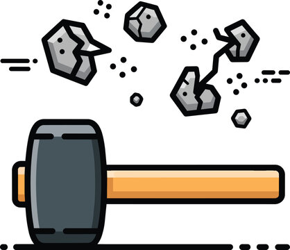 Sledgehammer Smashing Rocks and Stones Flat Vector Illustration