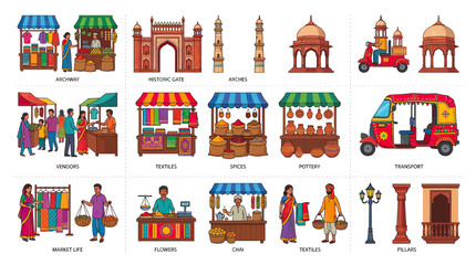 Indian Market Scene: Traditional Stalls, People, and Architecture Collection © Biru