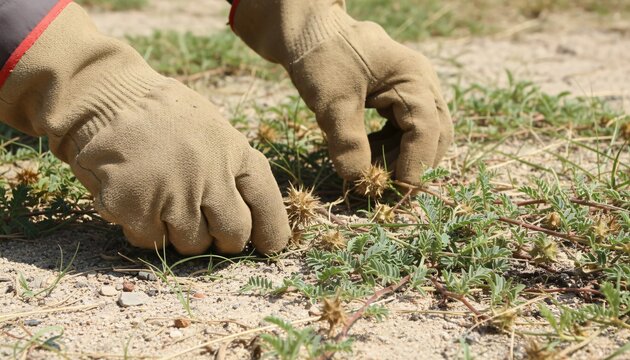 Gathering Spiky Gokhru Fruit Clusters from Sandy Ground