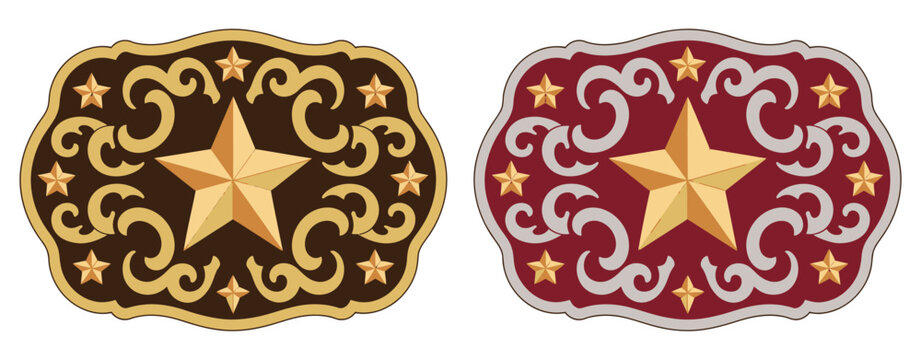 Sheriff star badge rodeo cowboy belt buckle, wild west five point star emblem with decorative frame for Texas style rodeo events, western branding, and vector graphics design.