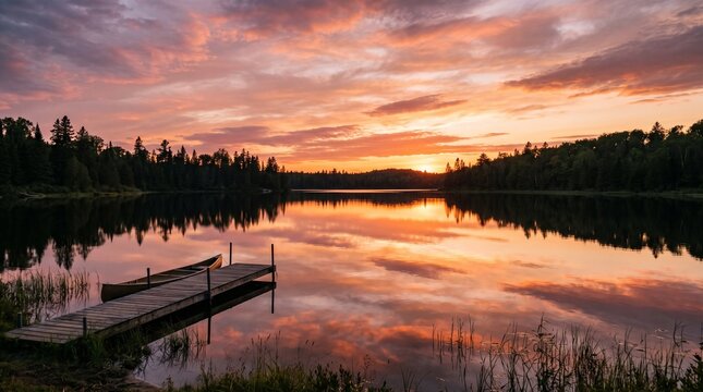 Golden Sunset Over a Serene Lake with Colorful Sky Reflections and Peaceful Forest Landscape