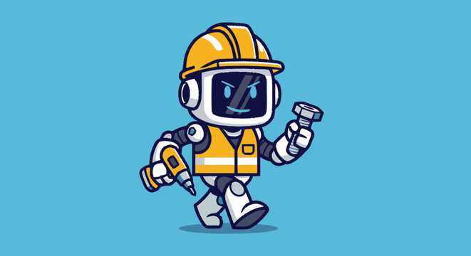 Adorable cartoon robot dressed as construction worker in yellow hard hat.