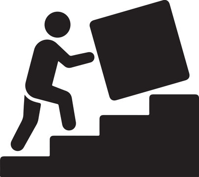 Man climbing stairs carrying large square object upstairs slowly