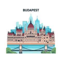 Obraz premium Detailed vector illustration of the Budapest city skyline featuring the Hungarian Parliament Building, Széchenyi Chain Bridge over the Danube river, and urban architecture.
