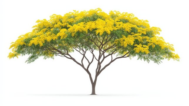 Vibrant Yellow Flamboyant Tree with Broad Canopy and Green Leaves Isolated on White