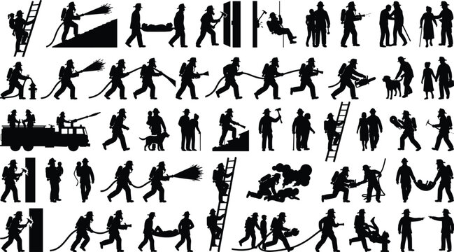 Firefighter and Emergency Rescue Silhouette Set, Fireman Team Fighting Fires and Saving Lives Vector Illustration
