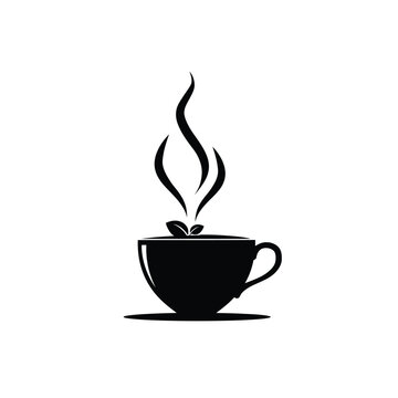Black Coffee Cup Silhouette With Steam And Leaves On White Background