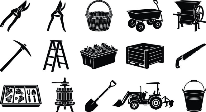 Set of black farming and gardening equipment silhouettes on white background,