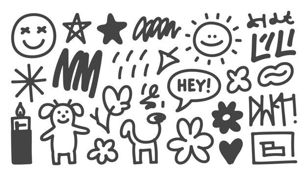Collection of cute hand drawn doodles and scribbles on white background with scribble handdrawn creative illustration collection decorative