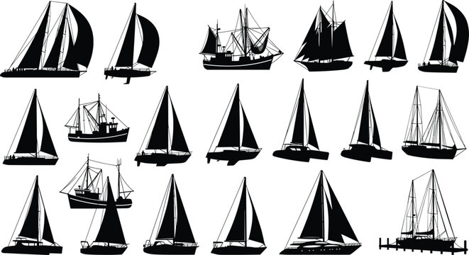 Set of black sailboat silhouettes on white background,