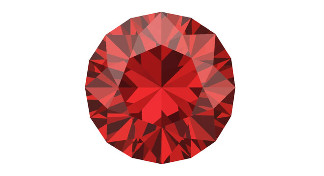 Single faceted round brilliant cut red garnet gemstone isolated on white background showing geometric light reflection and deep crimson scarlet color tones in top down macro view