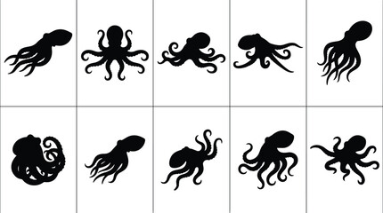 Set of black octopus silhouettes on white background © Hello World