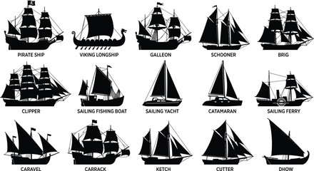 Collection of Various Sailing Ship and Boat Silhouette Icons © Hello World