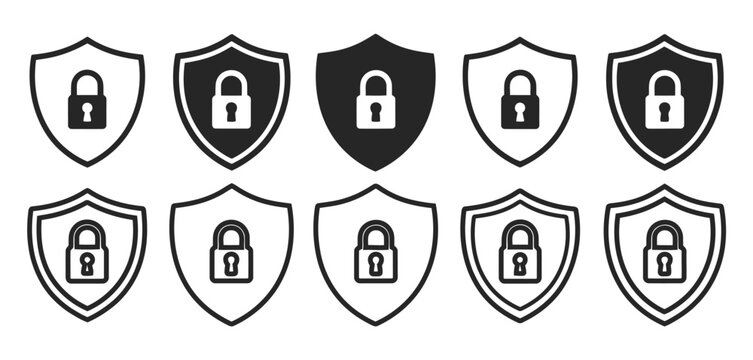 Security lock and unlock icon set, privacy and data protection symbols, shield security icons with check and cross indicators, minimal monochrome outline and filled vector design elements.