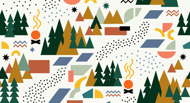 Abstract geometric winter forest pattern with pine trees and a cozy campfire. Minimalist modern nature landscape background with various shapes and dots.
