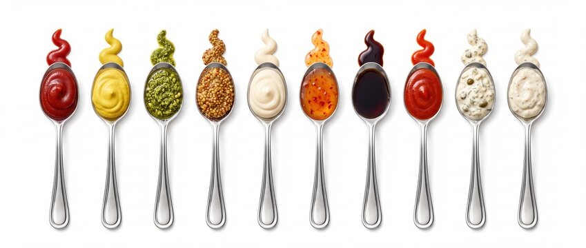 Assorted gourmet sauces and condiments arranged in silver spoons on white background