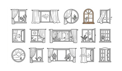 Scandinavian Style Window Outline Symbols with Curtains Plants and Morning Sunshine Vector Icons © Md