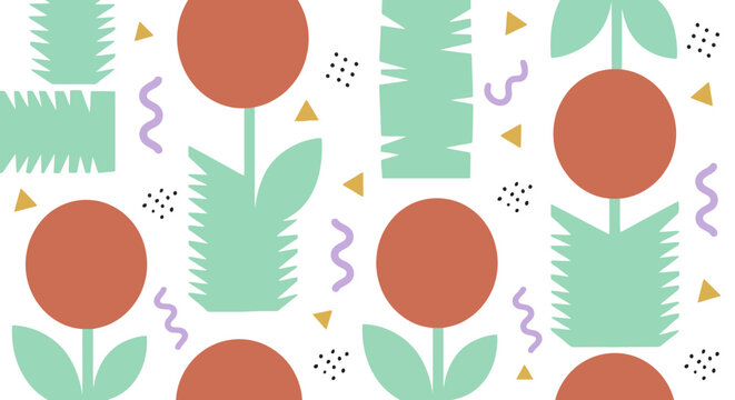 Modern abstract floral illustration with geometric red flowers and green foliage on white background.