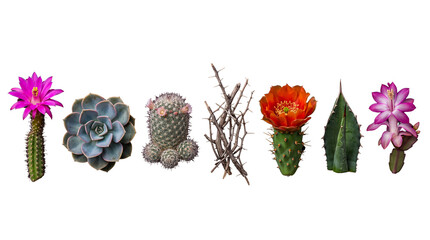 Assorted cacti and succulent plants in bloom, showcasing a vibrant collection of desert flora isolated on a transparent. © Kayleigh